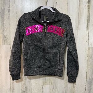Dereon Gray Zipper Hoodie with Pink Gold Sequin Logo